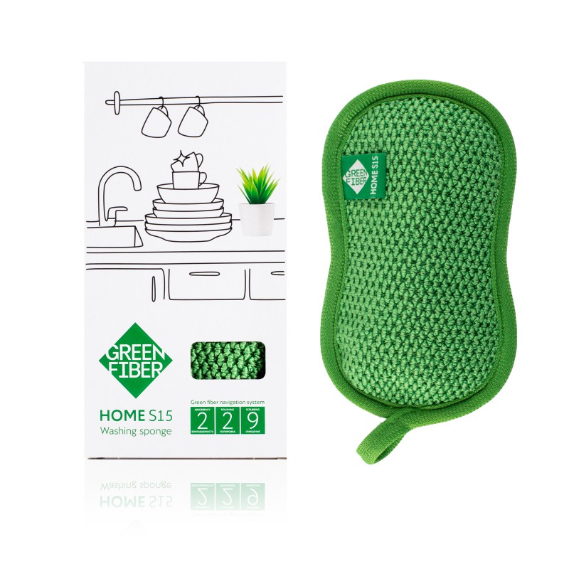 Уникальная губка для посуды без применения бытовой химии  Green Fiber HOME S15, зеленая